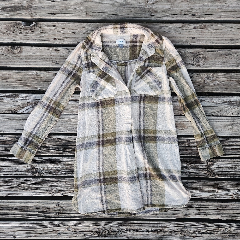 Old Navy Plaid Button Down Dress Green Cream Neutral Fall Tunic Casual Small